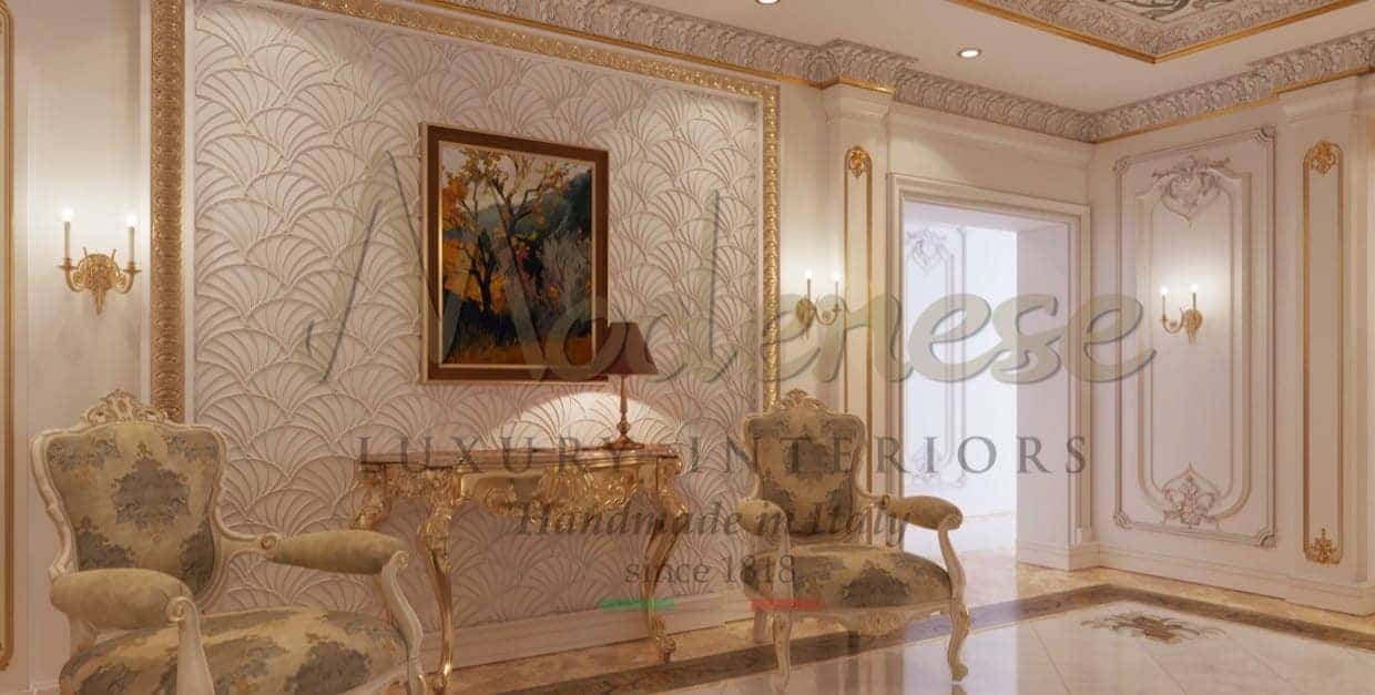 Exclusive refined handmade interiors made by traditional solid wood Italian artisanal furniture manufacturing. Elegant baroque rococo' style interiors, armchairs, golden leaf console all bespoke and custom-made for unique royal classical palaces and villas. High-end materials and best quality furniture production.