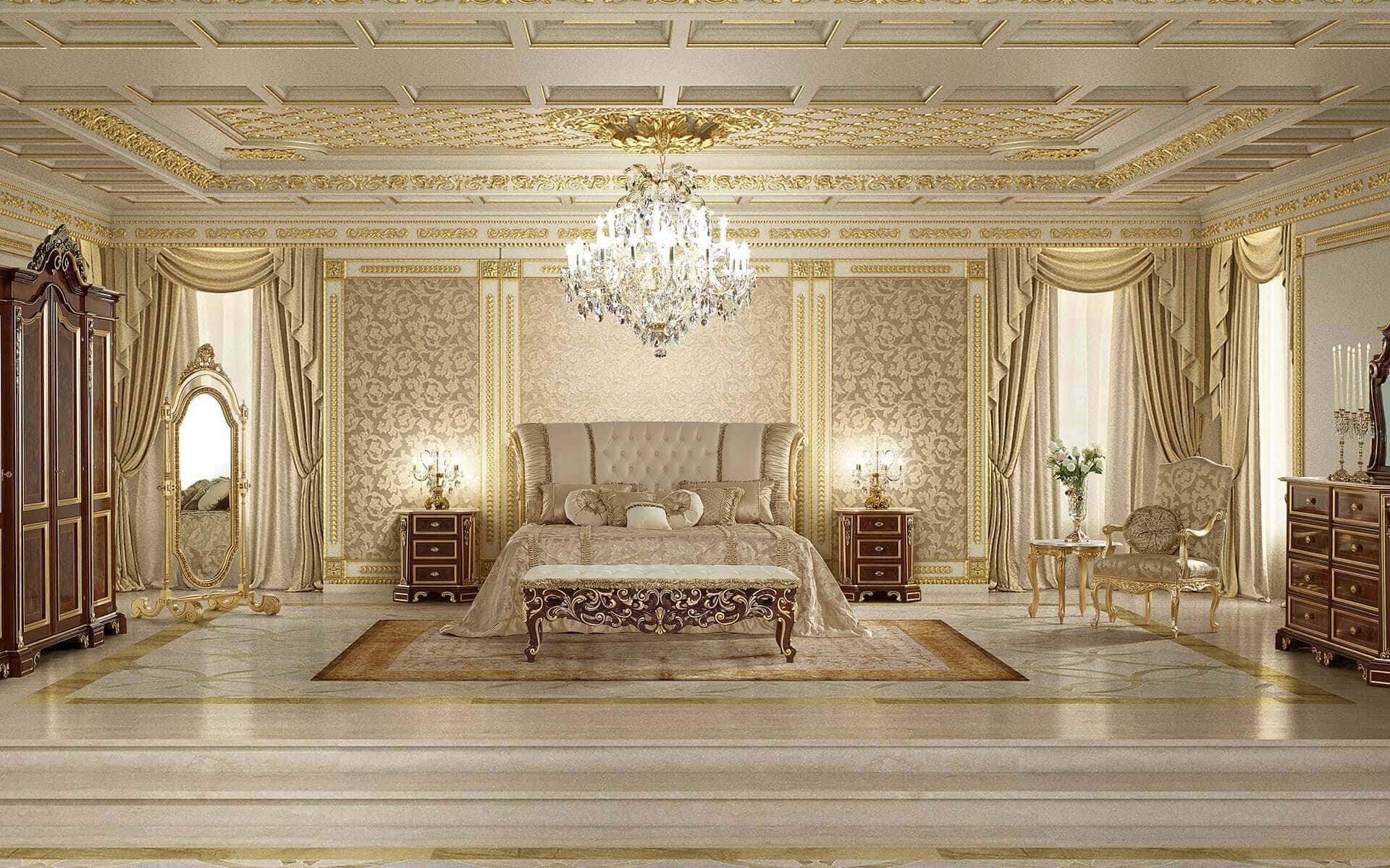 High-end Italian furniture creates a stunning custom-made master bedroom perfect for luxury interior design projects.Beautiful and sophisticated master bedroom classic interiors in solid wood material and high-end made in Italy quality. Customized bedroom furniture for the most refined royal palaces, villas and home decorations. Ornamental handmade golden leaf details. Best quality and top design double bed, luxury night tables, elegant pouffe, baroque style wardrobe, venetian dressing table. Bespoke classic Italian furniture with refined design and made in Italy unique craftsmanship.