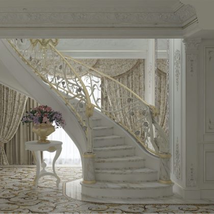 Elegant classic staircase made in Italy for luxurious project in Moscow. Top Interior Design Company. Best handmade traditional classical furniture production.