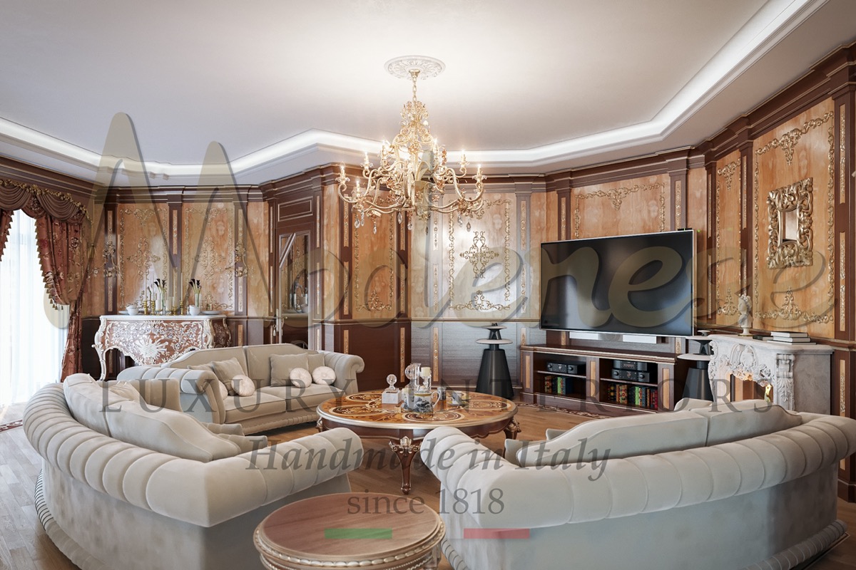 Elegant interiors, unique classic living room design for unique royal classical palaces and villas. High-end materials and best quality furniture made in Italy.