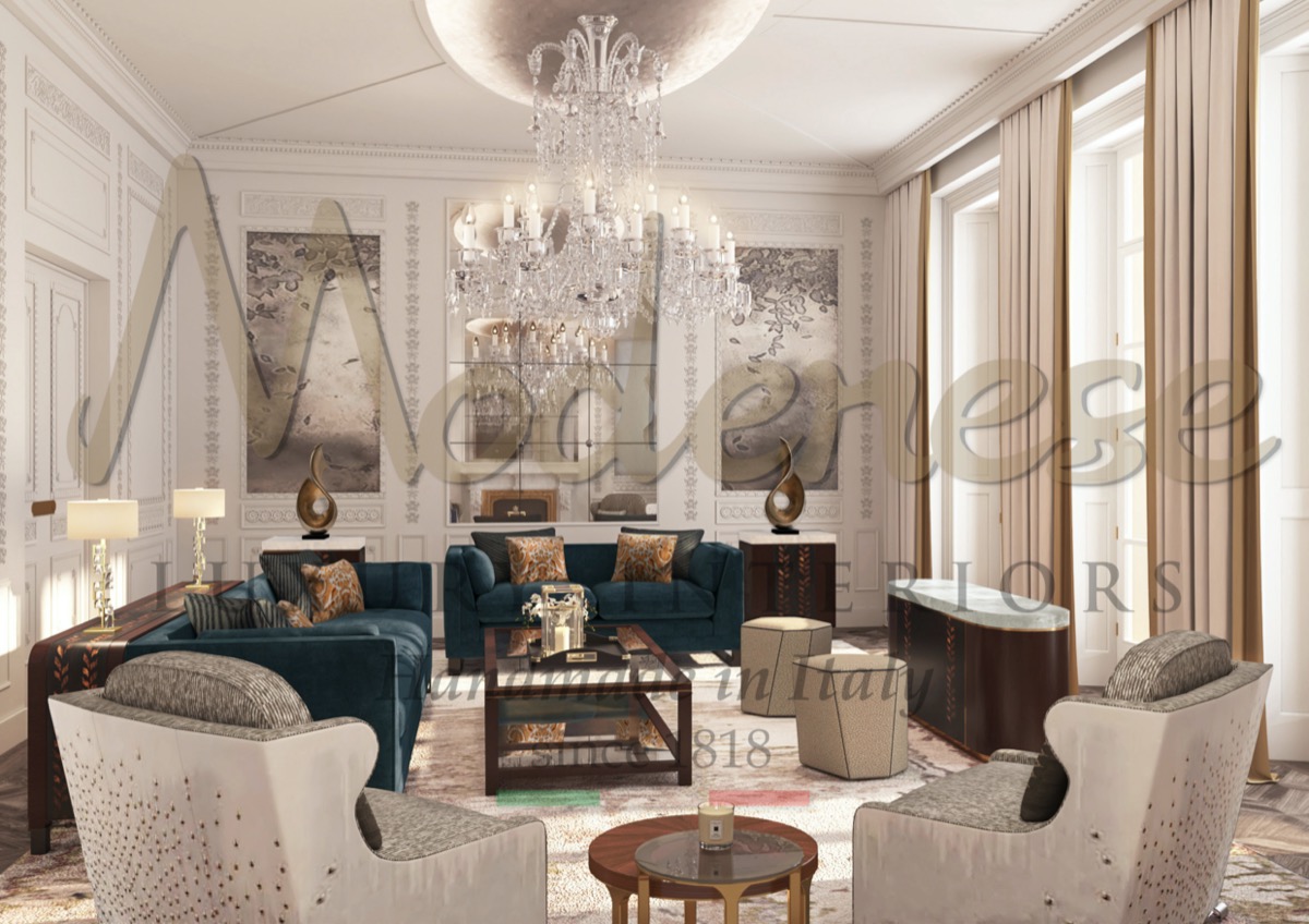 Exquisite classical furniture for exclusive living room design. High-end classical furniture design. Top interior design company in Florida. Superb living room design idea for spacious mansion.