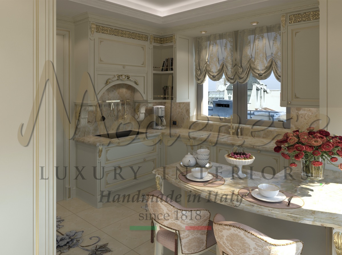 Customized furniture project, elegant handcrafted furniture. Classy kitchen with Italian unique and exclusive design. Exclusive traditional furniture manufacturing in Italy.