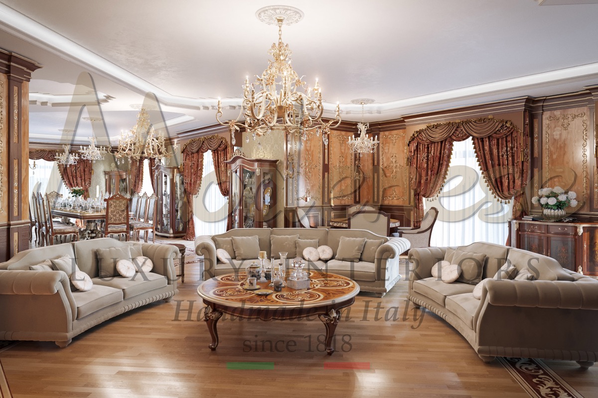 Customized furniture project, elegant handcrafted furniture. Classy dining room with Italian unique, traditional and exclusive design. Exclusive furniture manufacturing handmade in Italy.