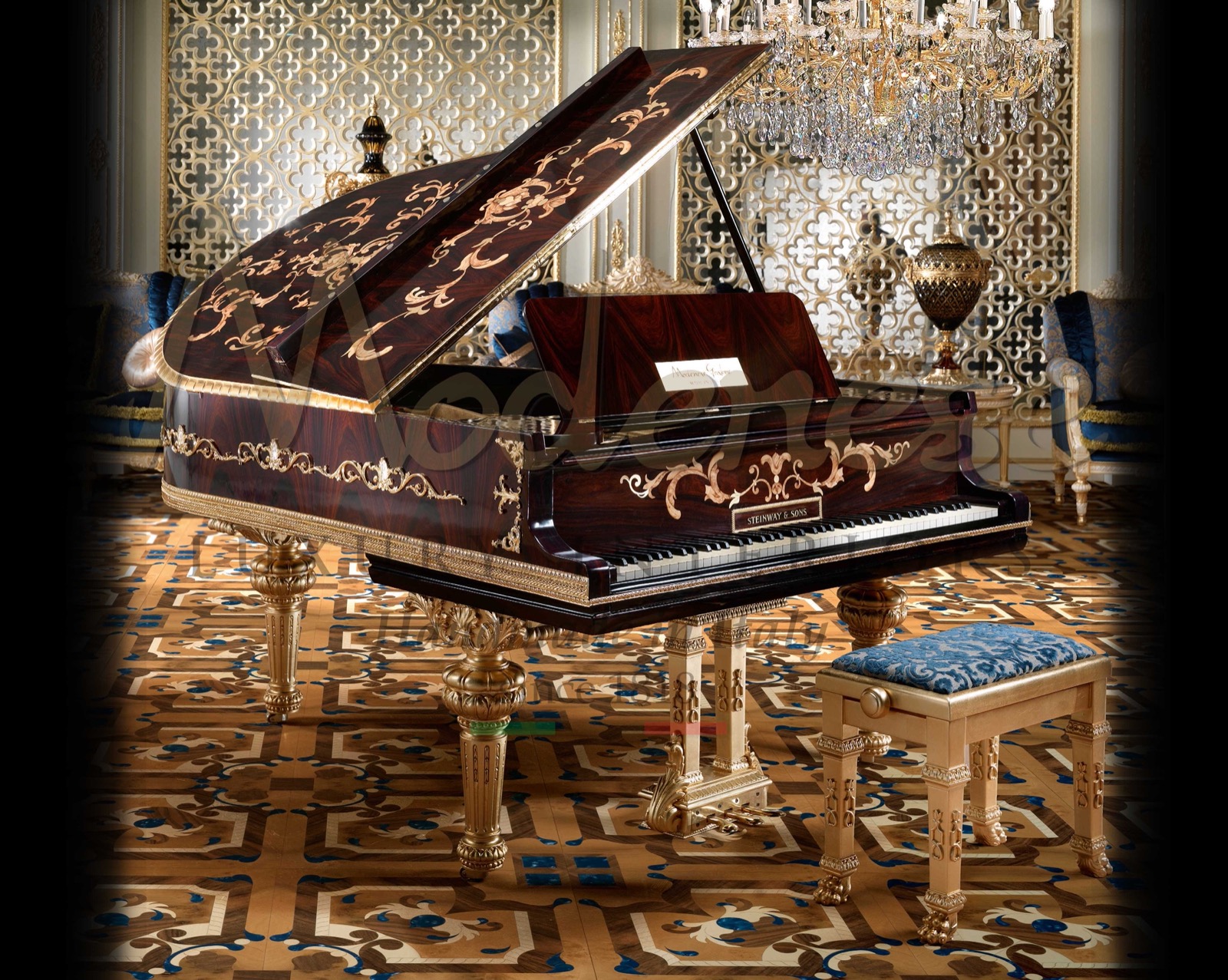 Production artisanale italienne artisanat restauration de piano luxe made in Italy meubles pose de feuille d'or