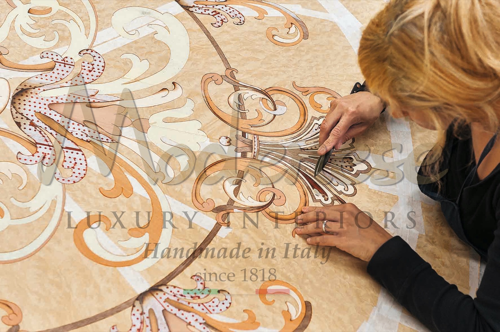 made in Italy luxury classic furniture home décor solid wood inlays mother-of-pearl marble premium fabrics elegant materials handmade customized interiors radica artisanal production