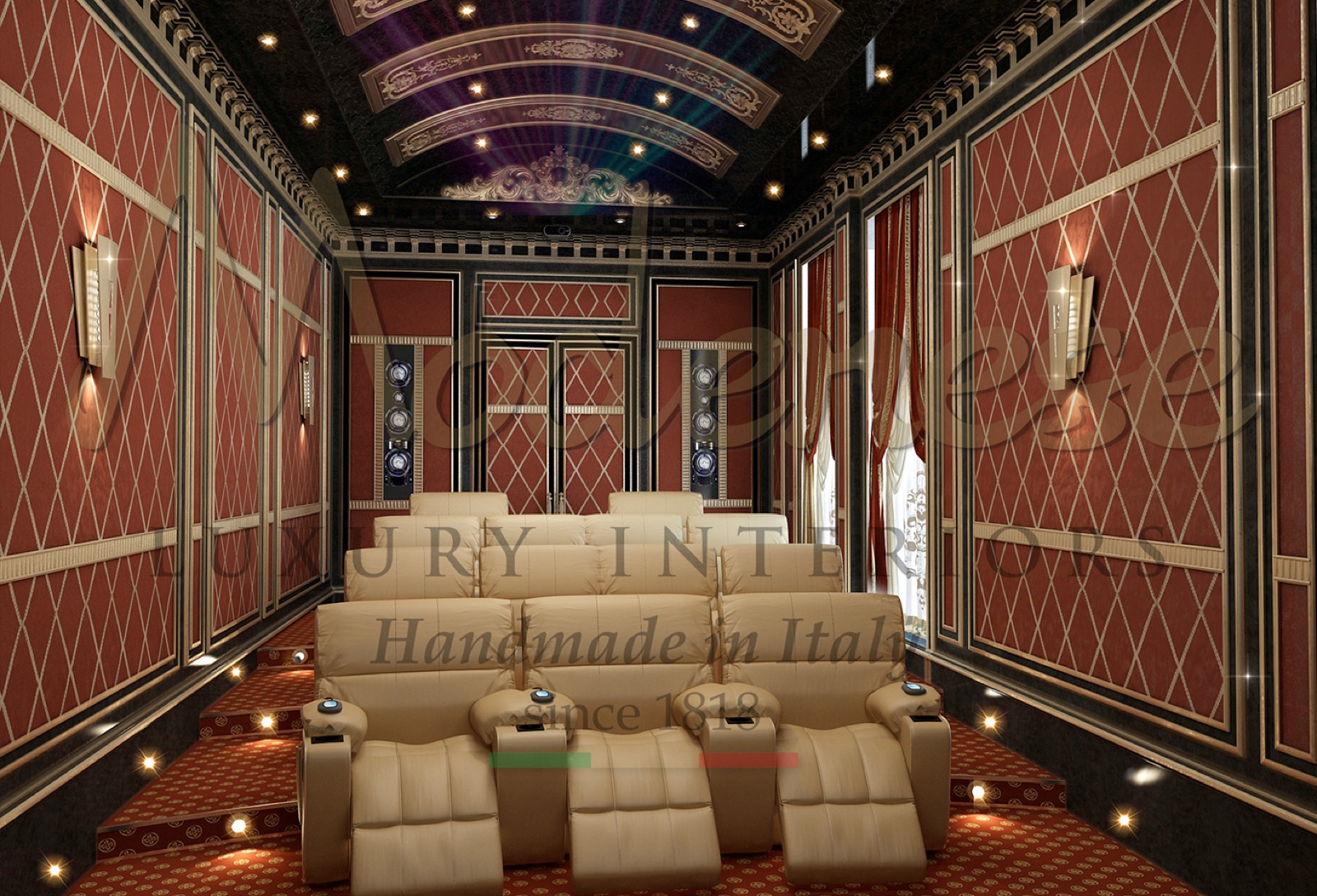 salle de cinéma décoration d'intérieur de luxe tapisserie personnalisée canapés fauteuils divertissement ameublement sur mesure fabriqué en Italie mobilier classique baroque style décoration d'intérieur