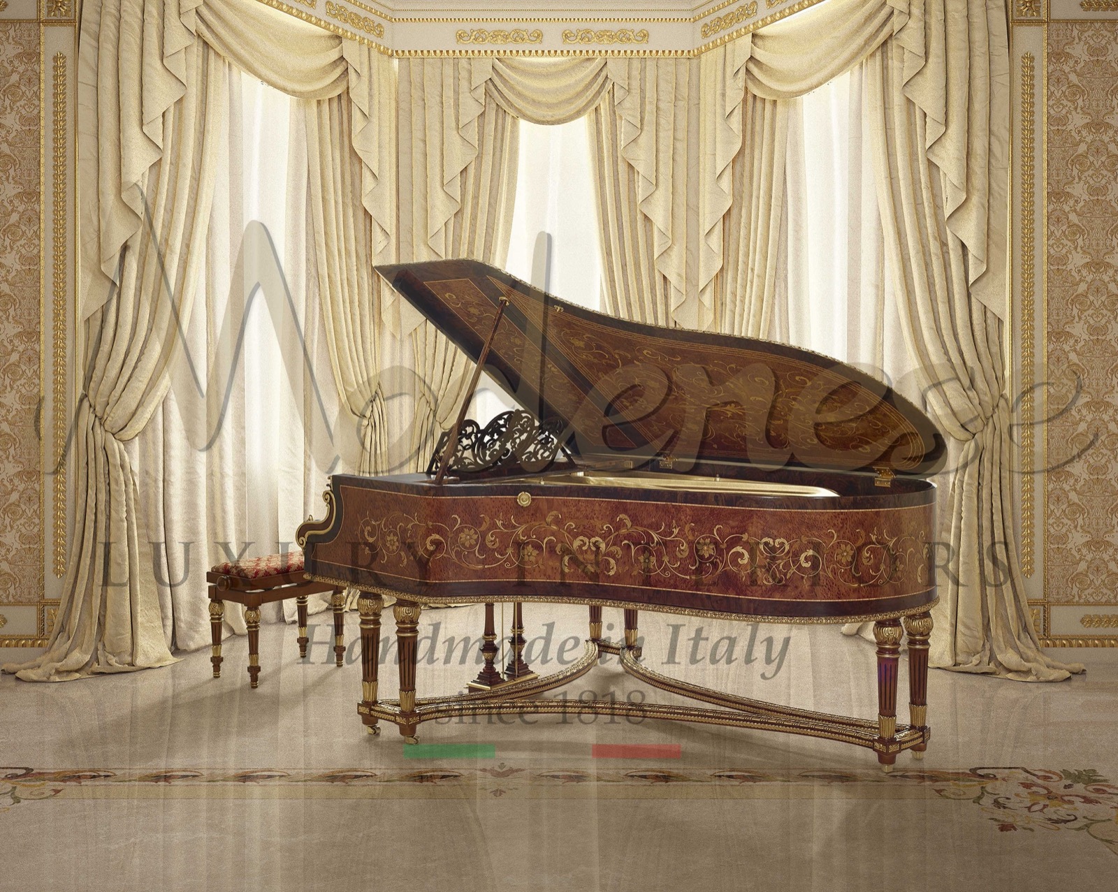 restoration luxury piano handmade decoration 3D inlays gold leaf application bespoke décor villa palace manufacturing artisans craftsmanship royal design