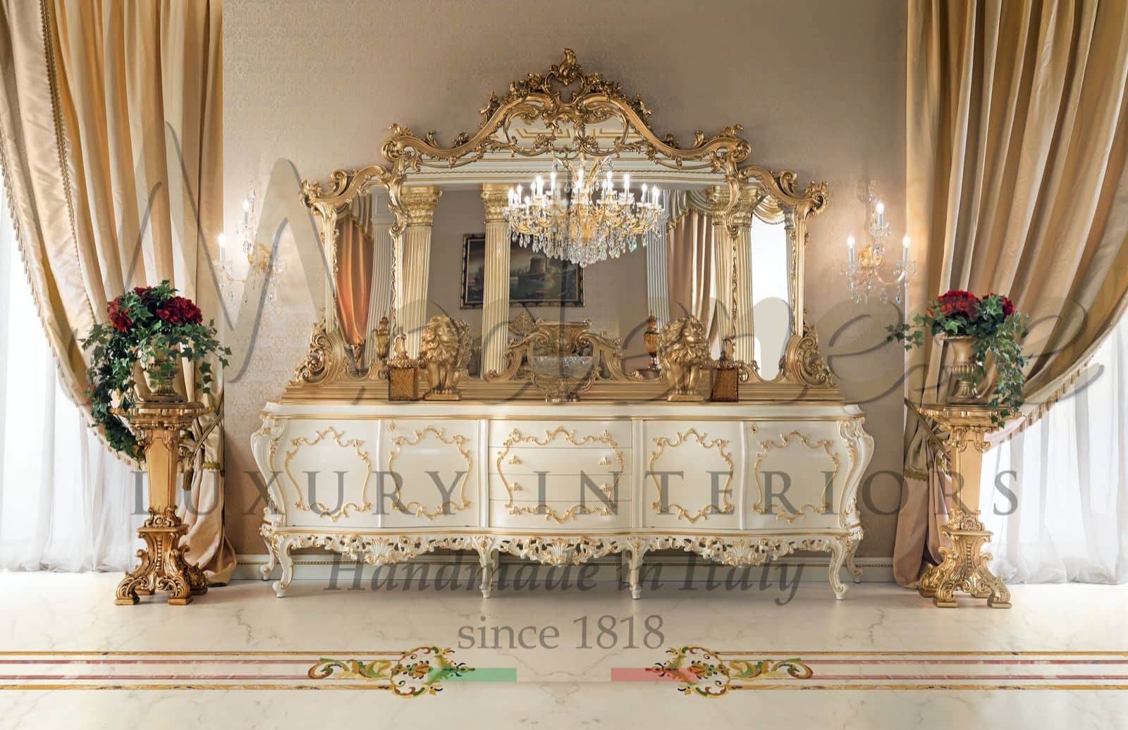 cabinet mirror gold leaf application gold details classic luxury furniture to decorate villa palace royal ideas baroque rococo style classy timeless design home entrance made in Italy customized interiors vase stand chandelier accessories décor decoration unique pieces