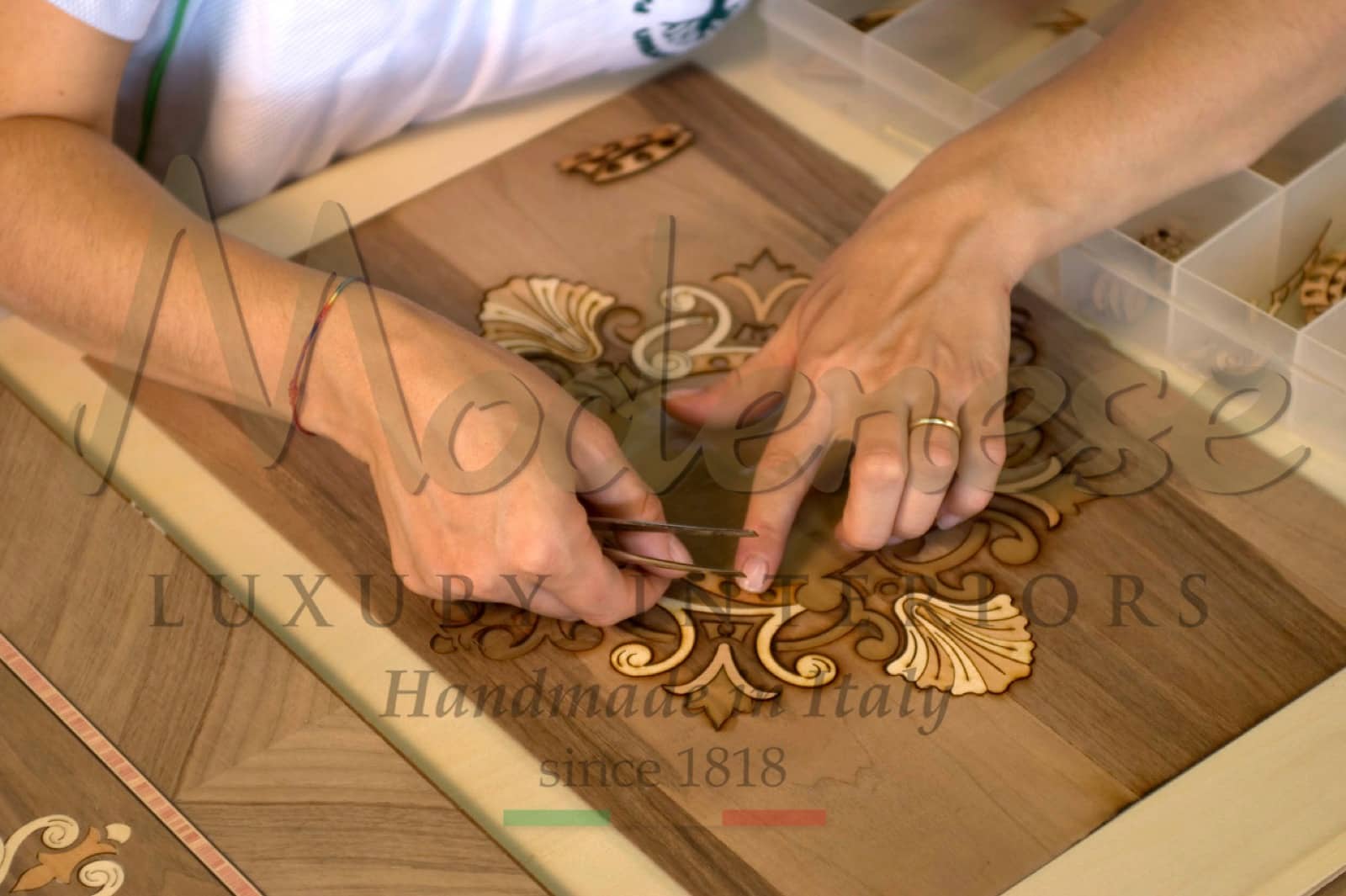 refined inlays traditional Italian Venetian style handmade production furnishing craftsmanship artisans premium quality solid wood handmade customized pieces mother marquetry pearl classic wooden inlay