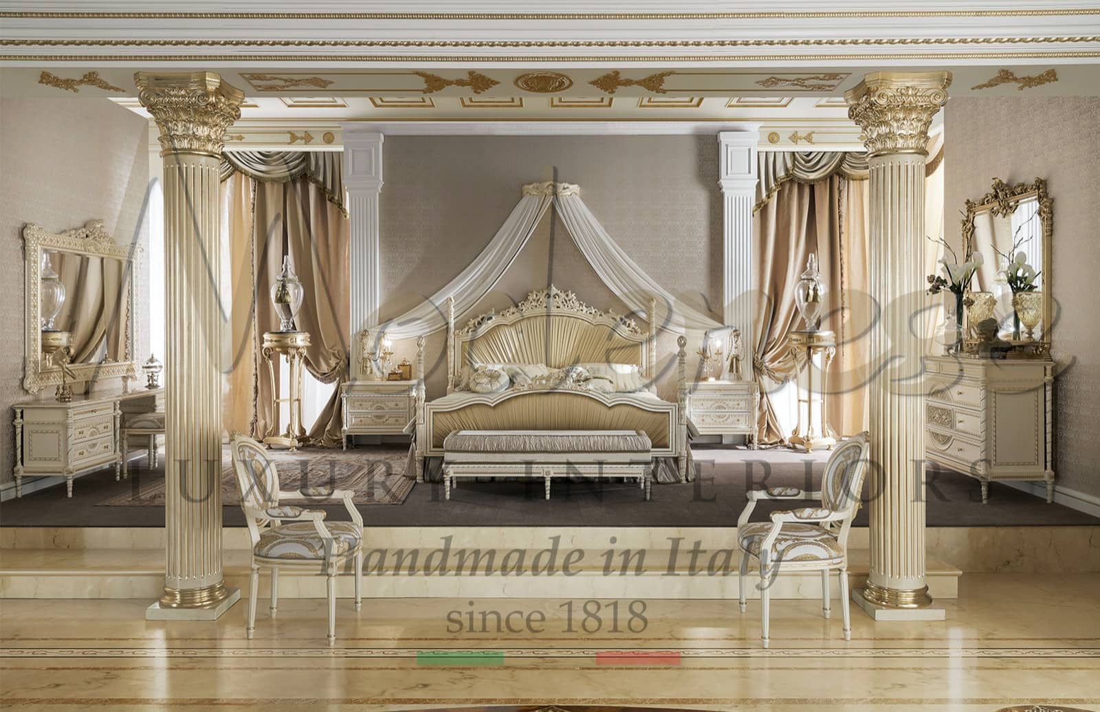 master bedroom luxury Italian furniture for royal villa home decoration luxurious suite louis XVI customized interiors elegant refined projects baroque Venetian style attention to details handmade production furnishing