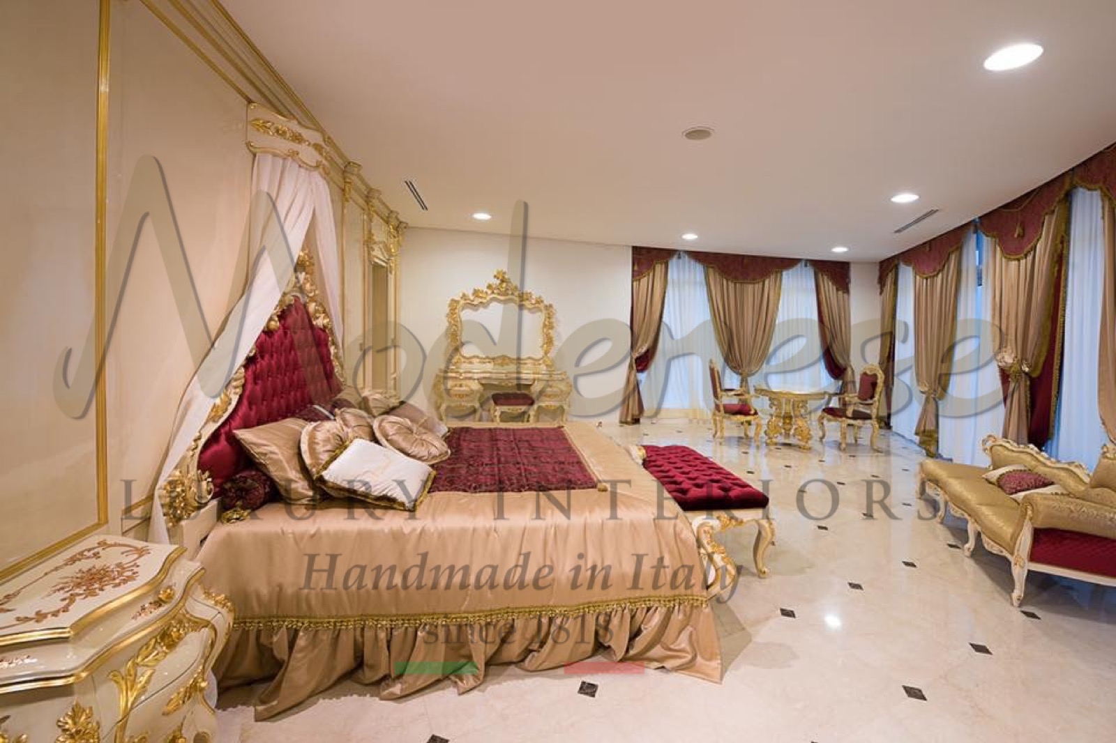 A luxurious master bedroom with a beautiful four-poster bed, featuring an ornate curved headboard and a rich variety of colors and textures.Italian furniture interior design Abuja Nigeria Africa new showroom opening royal projects villa residential palace government building home decoraton 24k gold leaf details boiserie solid wood