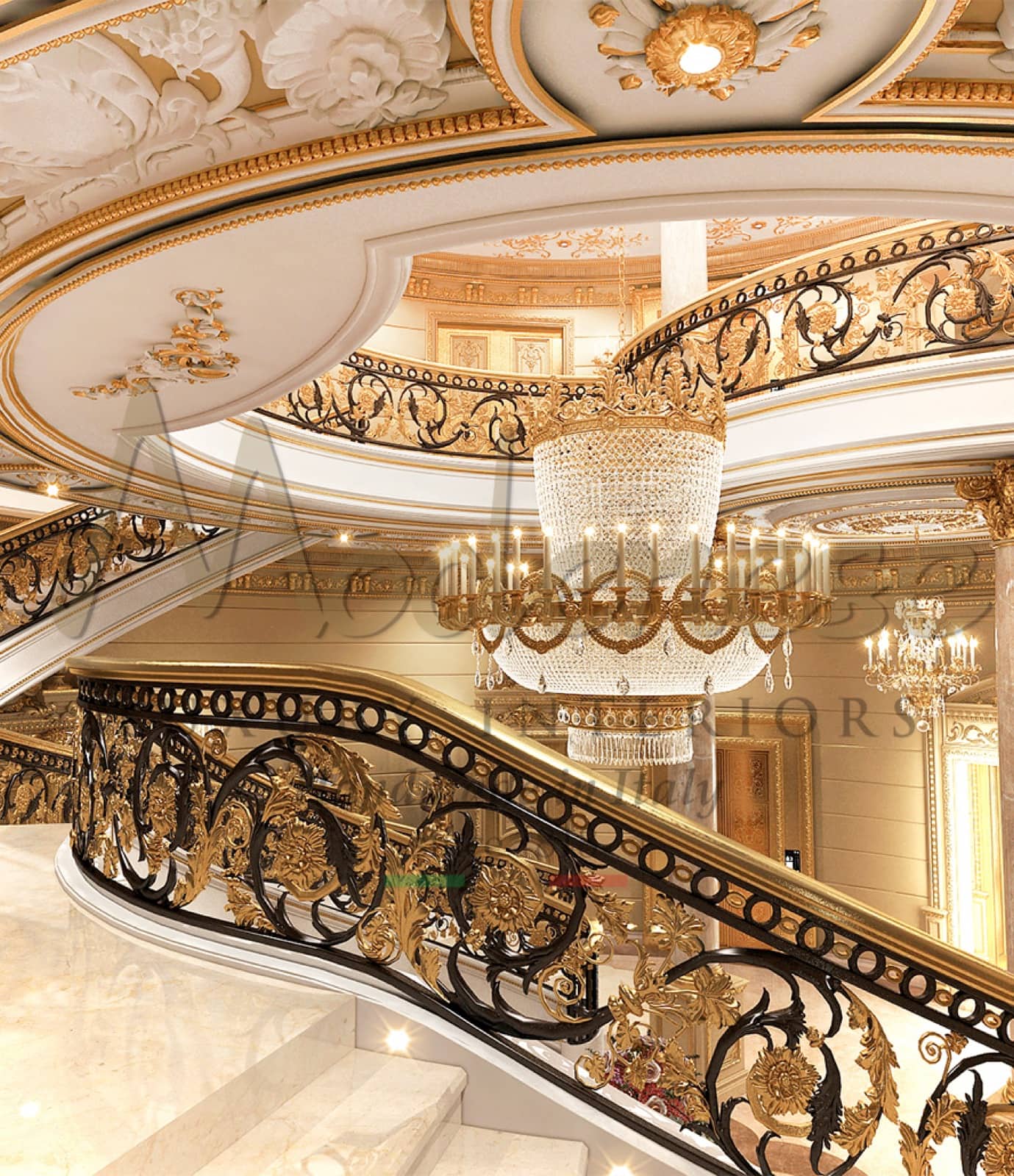 luxury interior decorations classical palace villa entrance majestic solution royal design bespoke home décor custom made design railing Victorian wrought iron elegant stairs chandelier