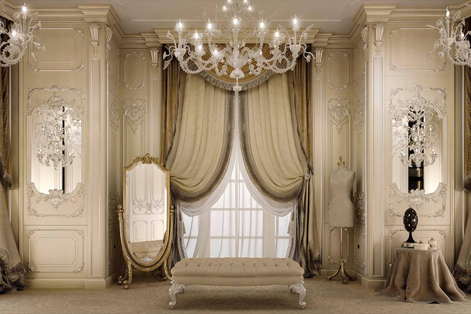 decoration of classic luxury villa with curtains panels boiserie accessories wallpaper chandelier Swarovski gold details elegant fabrics best quality made in Italy ideas