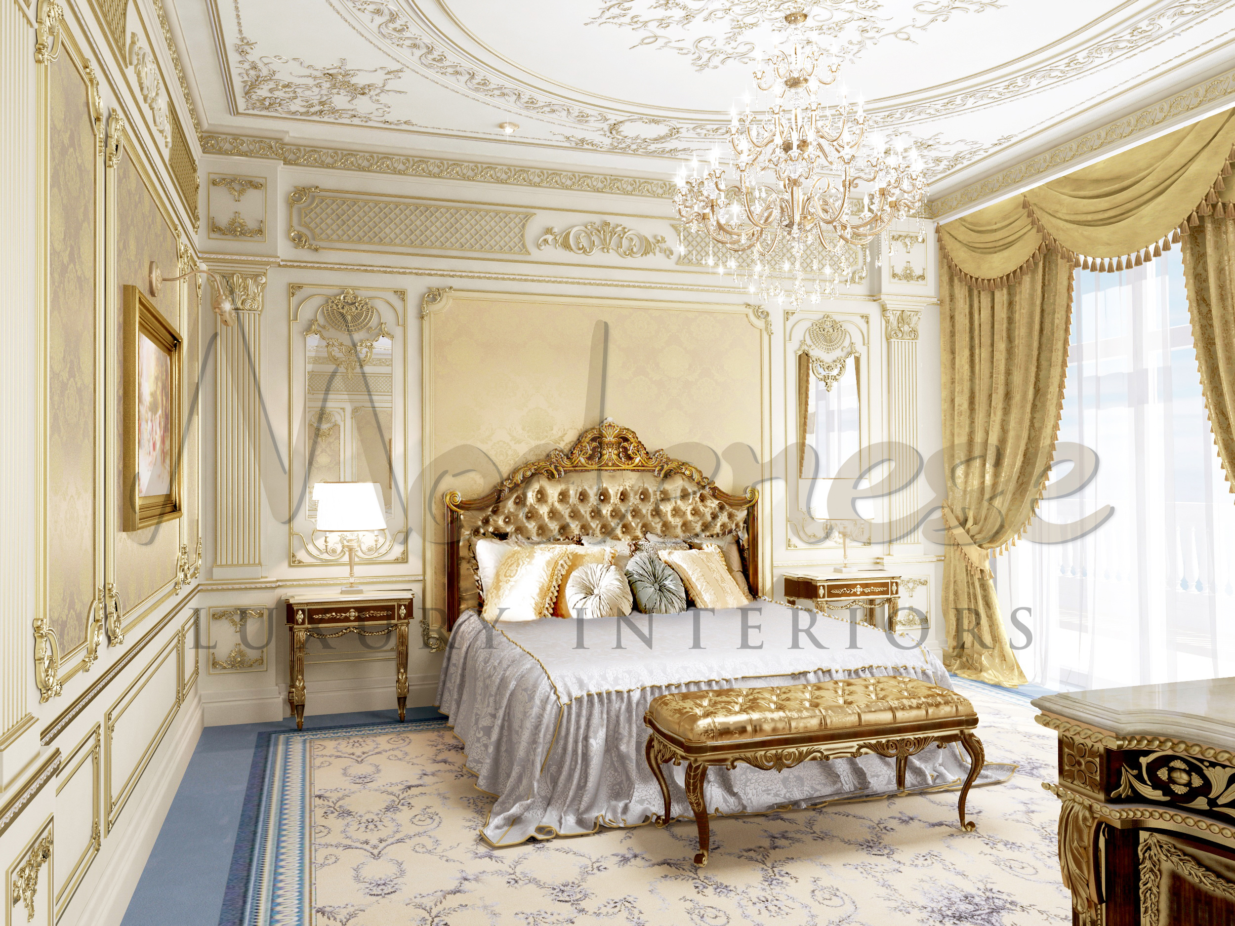The elegant and luxurious classical bedroom showcases refined upholsteries, luxurious chandelier, and majestic canopy bed.