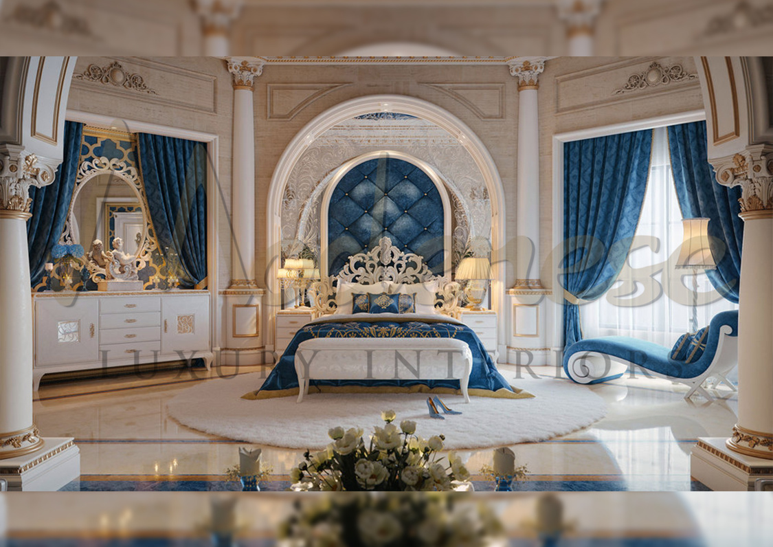 Gorgeous classical bedroom design with gold accents, a tufted bed frame, and stunning chandelier for luxury and opulence.