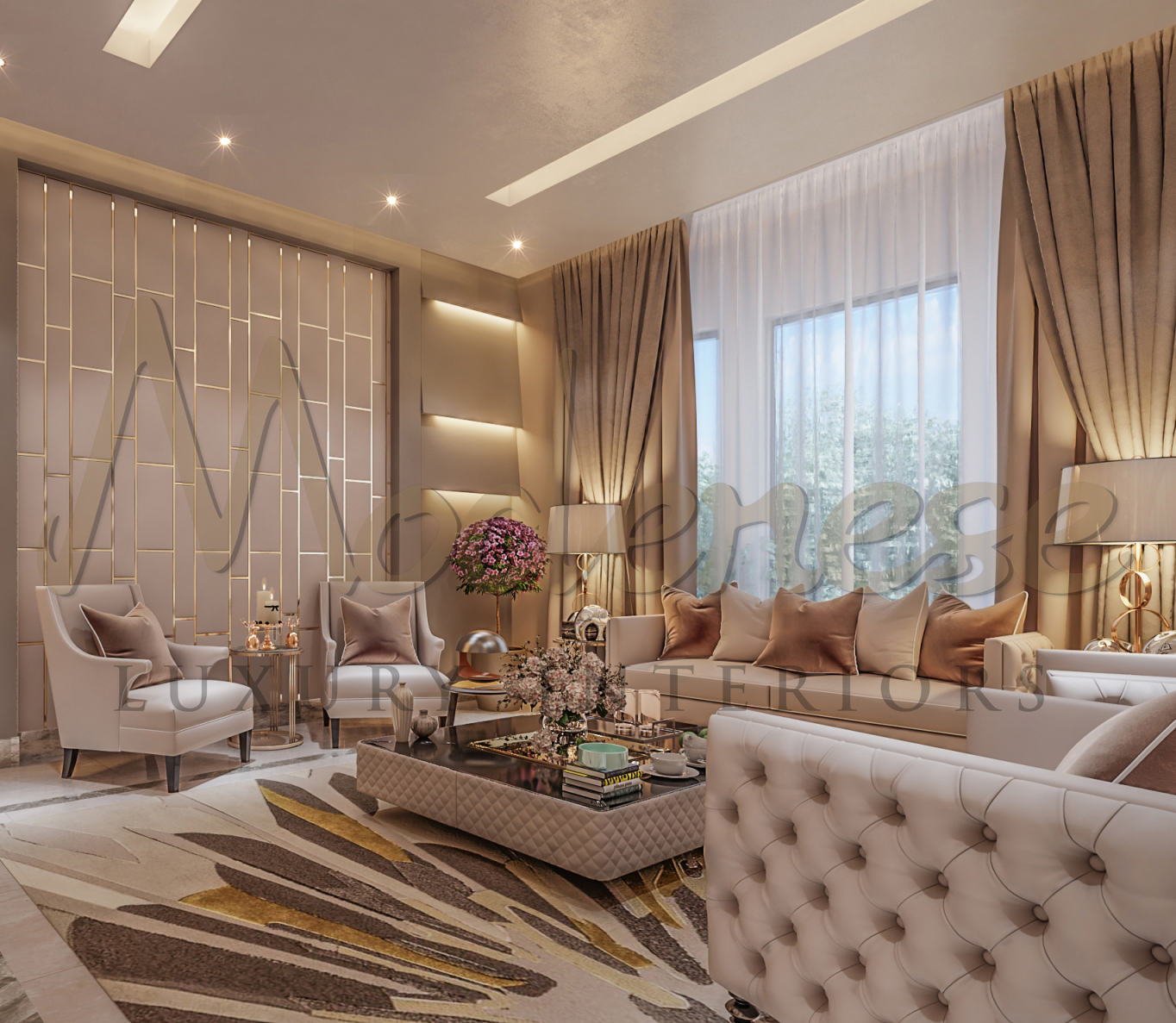 Exquisite Customized Furniture for exclusive living room design. High-end bespoke furniture design. Top interior design company in Riyadh. Superb living room design idea for spacious mansion.