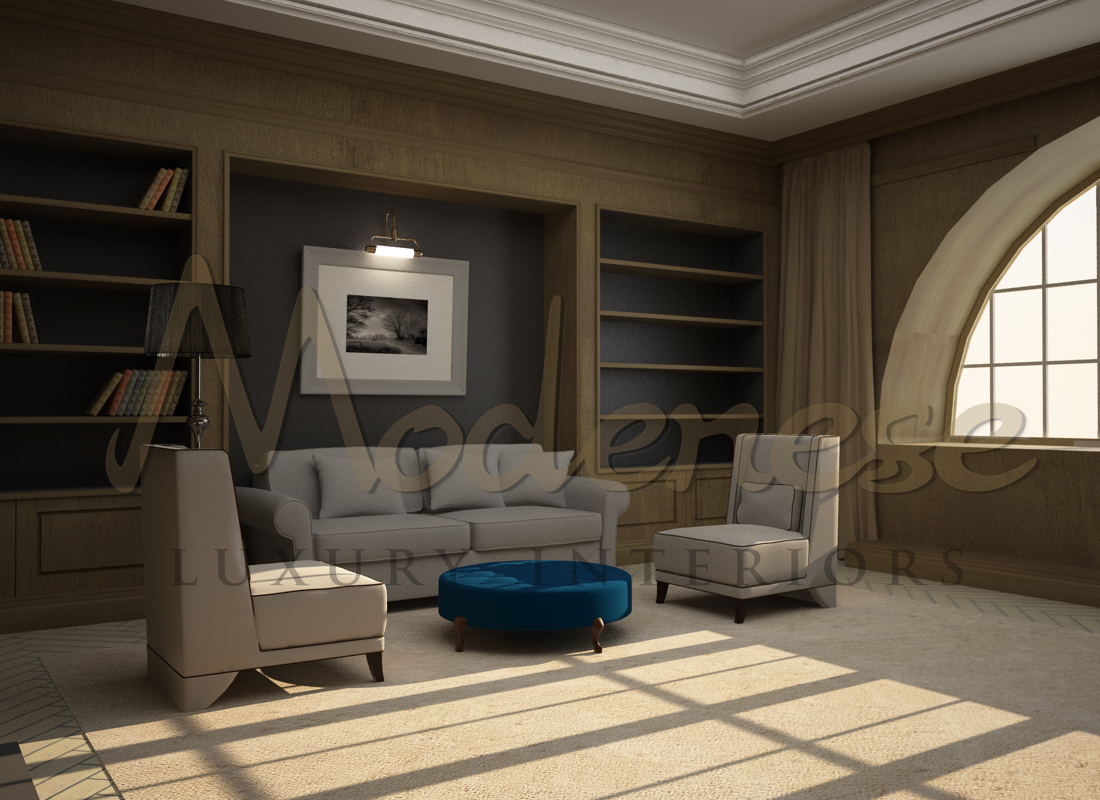 Refined style, exclusive design of living room. Bespoke luxury house designs for the most luxurious private projects.