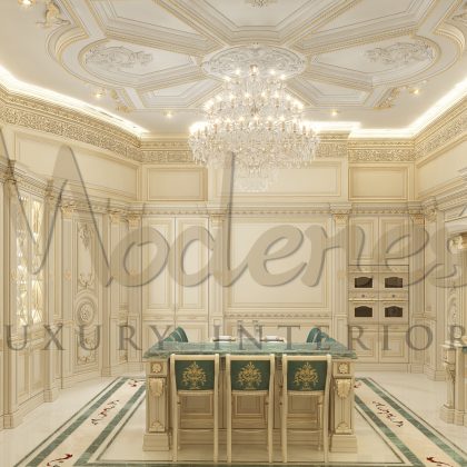 Elegant royal customized artisanal kitchen production, refined details all in solid wood. Handmade carved kitchen structure, bespoke artisanal furniture production.Custom-made solid wood tables, refined handmade joinery and boiserie.