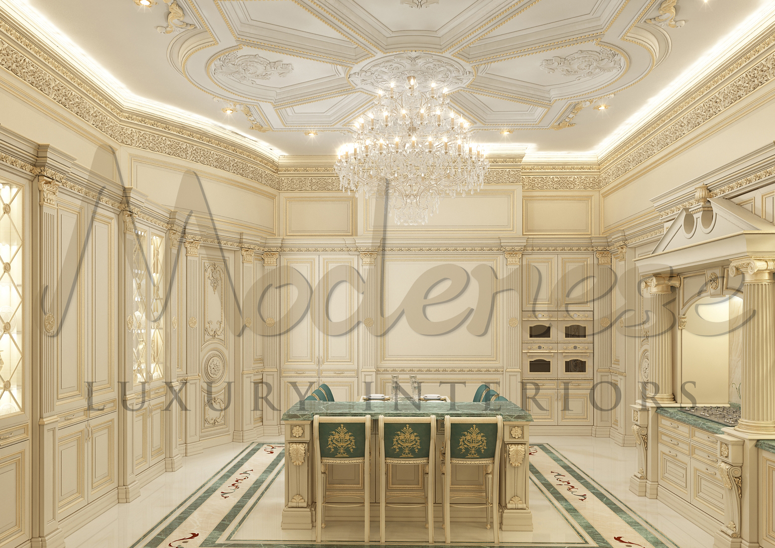 Elegant royal customized artisanal kitchen production, refined details all in solid wood. Handmade carved kitchen structure, bespoke artisanal furniture production.Custom-made solid wood tables, refined handmade joinery and boiserie.