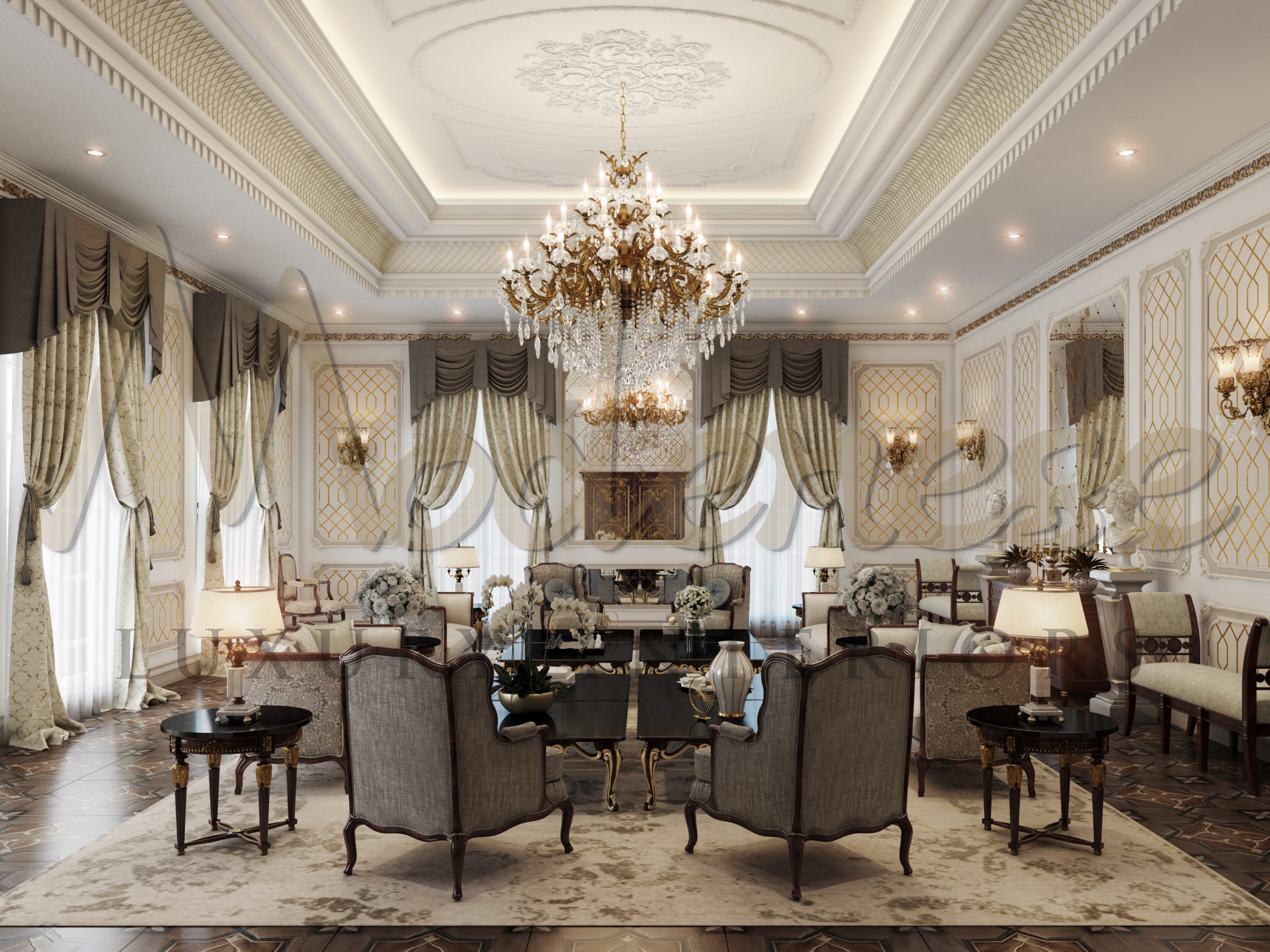 Elegant interiors, unique classic living room design for royal classical palaces. High-end classic living room furniture set made in Italy. Top Interior Design Company in Moscow