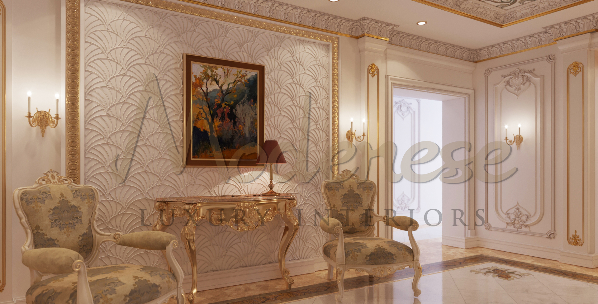 Turnkey Interior Design Project in Doha. Luxury high-quality furniture made in Italy. Hand-made furniture for classic hall design.