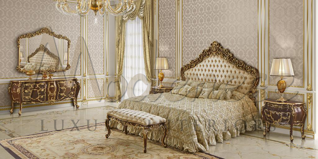 Best bedroom design, elegant classic style, baroque interiors, solid wood handcrafted boiserie wooden panels. Classy bedroom with Italian unique and exclusive design. Bespoke tasteful furniture made in Italy. Precious Italian fabrics accurately selected by Modenese Luxury Interiors.