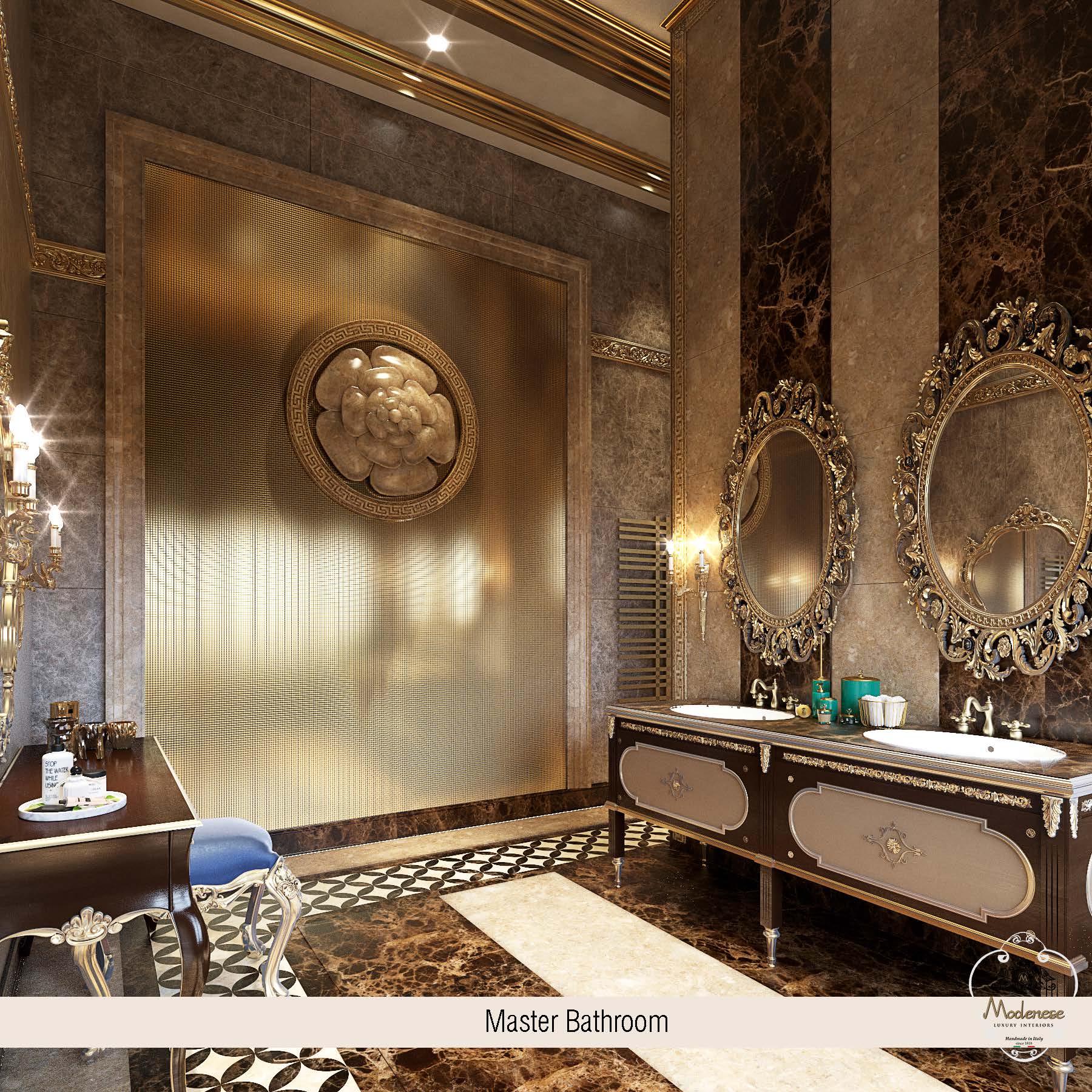 Luxurious interiors, unique design for refined villa interior design. High-end materials and best quality furniture made in Italy. Gorgeous Master Bathroom. Exclusive furniture manufacturing in Italy.