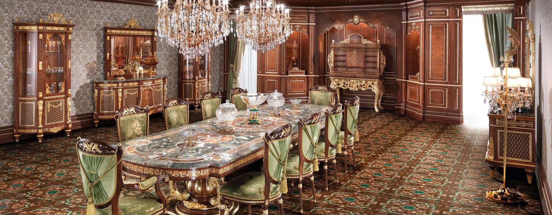 Louix XVII marble luxury precious stone table in a dining room for 10 people with wooden floor and
marquetry furniture