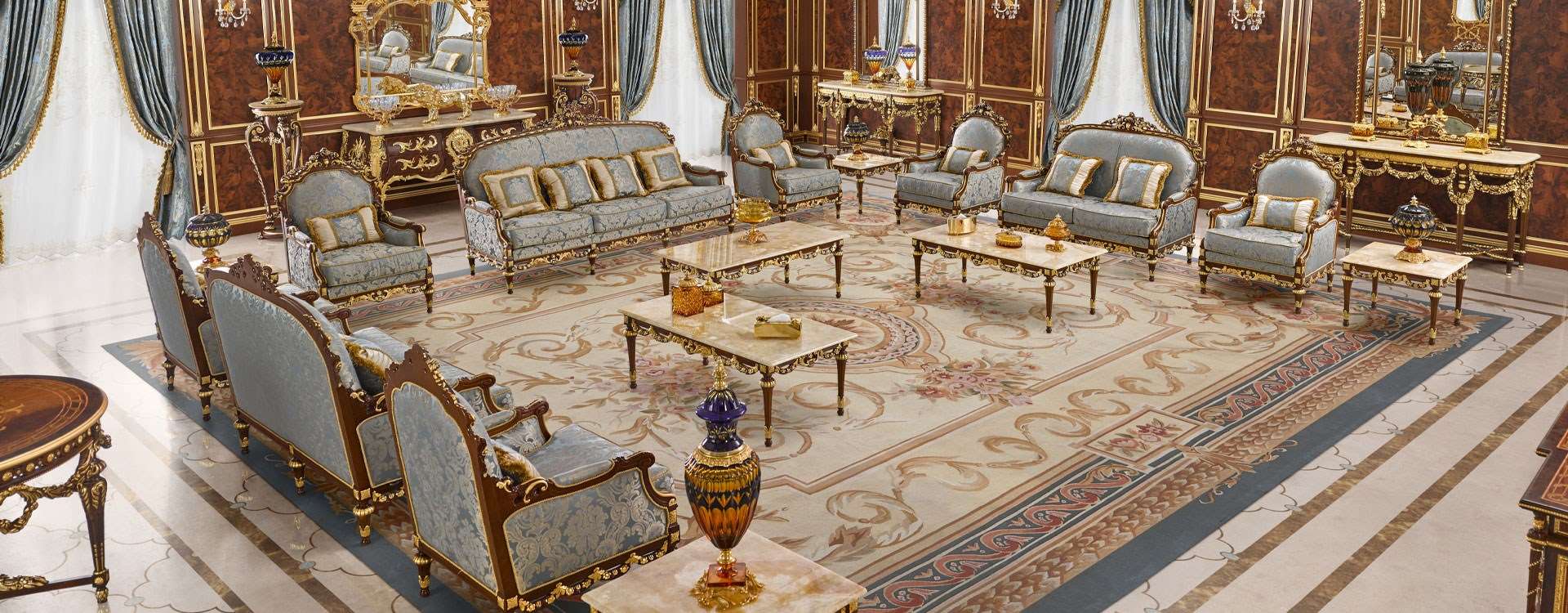 Luxury majilis by Modenese Luxury Interiors in walnut and light blue damask fabric