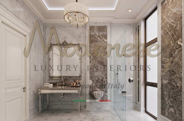 Modenese bathroom with brown marble and silver leaf sink and mirror