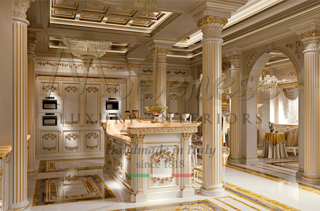 Luxury classic white Modenese kitchen with marble tops and gold leaf details