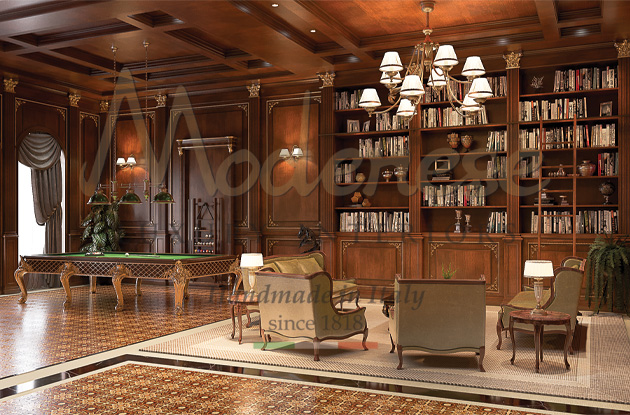 Exclusive cigar lounge by Modenese with elegant walnut wall panels furniture and billiard