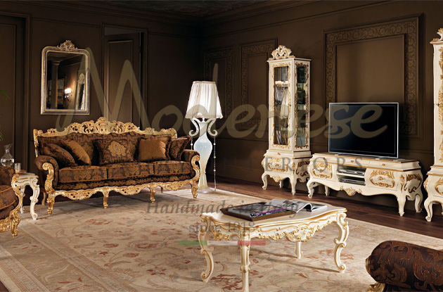 Classic style ivory hand carved Modenese furniture gold leaf sofa with elegant brown fabric sideboard cabinets and coffee table floral carpet and deep brown walls