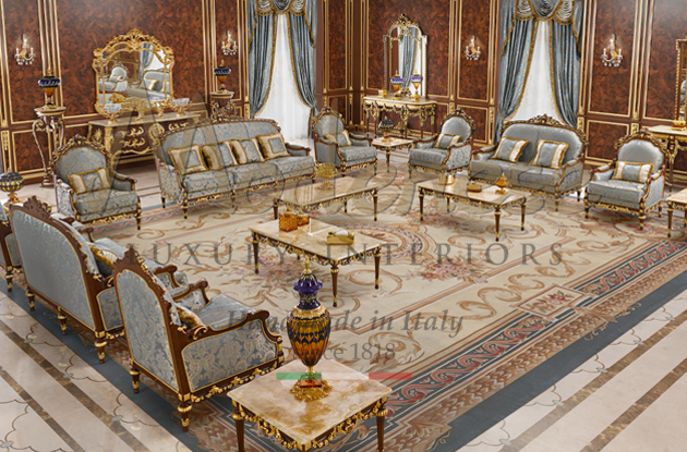 White fabric gold leaf furniture and elegant blue carpets with floral design for villas interior design by Modenese