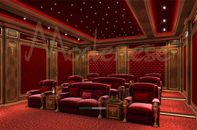 Red fabric Modenese home cinema with gold leaf details