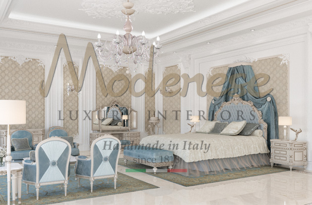 Modenese light blue and white interior design for suites and presidential rooms with classic bed and armchairs