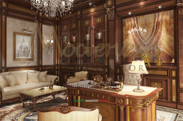 Modenese luxury interior design for a presidential palace with classic walnut desk and walls decorations