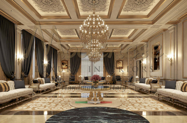 Blue and white interior design for a palace with marbles on the floor and decorated ceiling