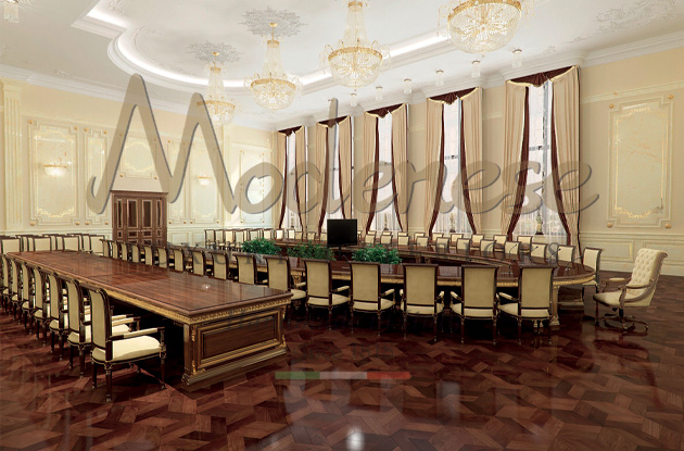 Elegant Modenese interior design project big walnut governmental table and chairs