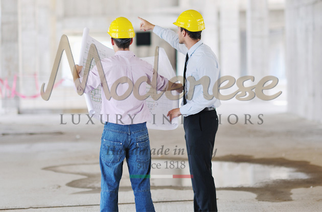 Workers on site for an inspection of the building before working on the interior design project by Modenese Interiors’ designer team