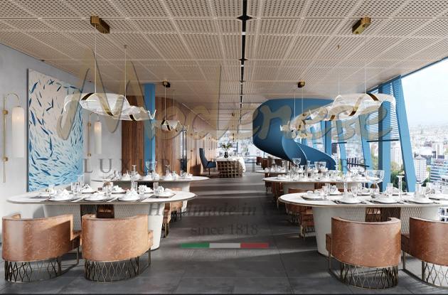 Interior design of an hotel restaurant in contemporary style with blue as the main color by Modenese