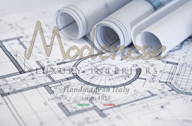 Modenese layouts and architectural drawings with measurements and data on a table