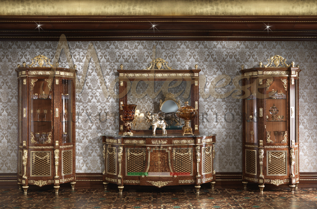 Classic style walnut Modenese sideboard c2 cabinets and mirror with gold leaf details and marble top