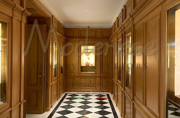 Classic walnut corridor walls with central painting and black and white square marble floor Modenese