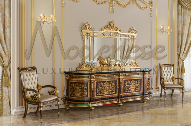 Luxury classic style walnut sideboard and chairs with gold leaf details and decorations and hand carved gold leaf mirror by Modenese luxury interiors