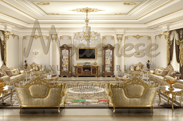 Modenese living room with gold leaf sofas and gold pattern fabric walnut cabinets and sideboard and carpet