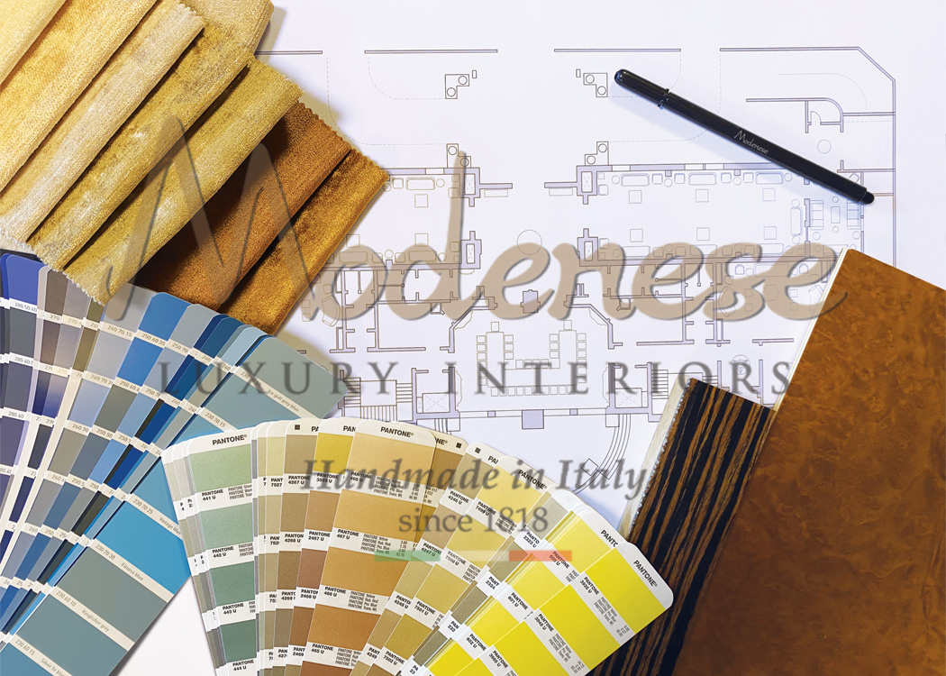 Layouts and color swatches for Modenese interior design projects