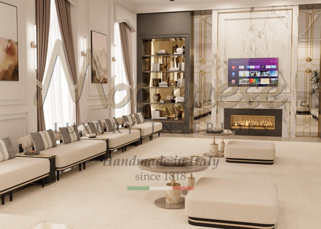 Contemporary 3D render visualization of a living room with white fabric and matching marble by Modenese