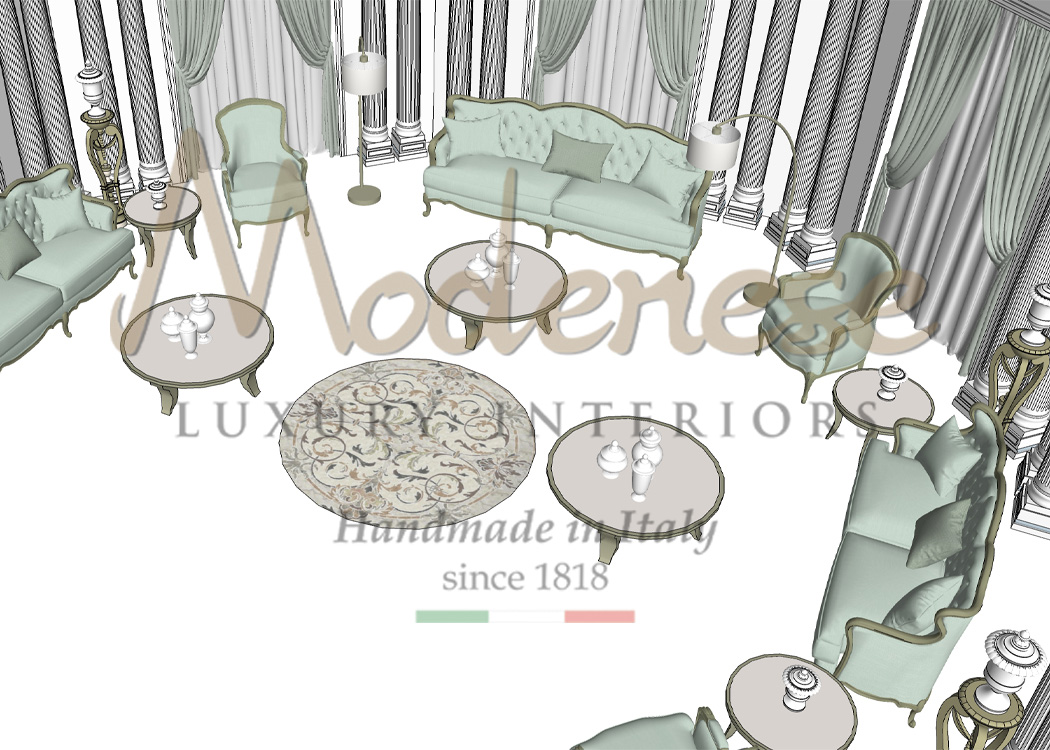 3D render visualization of a luxury living room by Modenese Interiors with classic handmade italian furniture