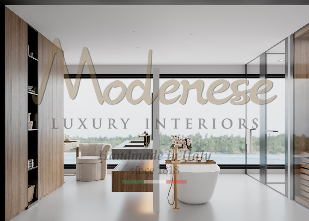 Contemporary interior design for Modenese Luxury Interiors master bathroom with sinks and elegant bath tub